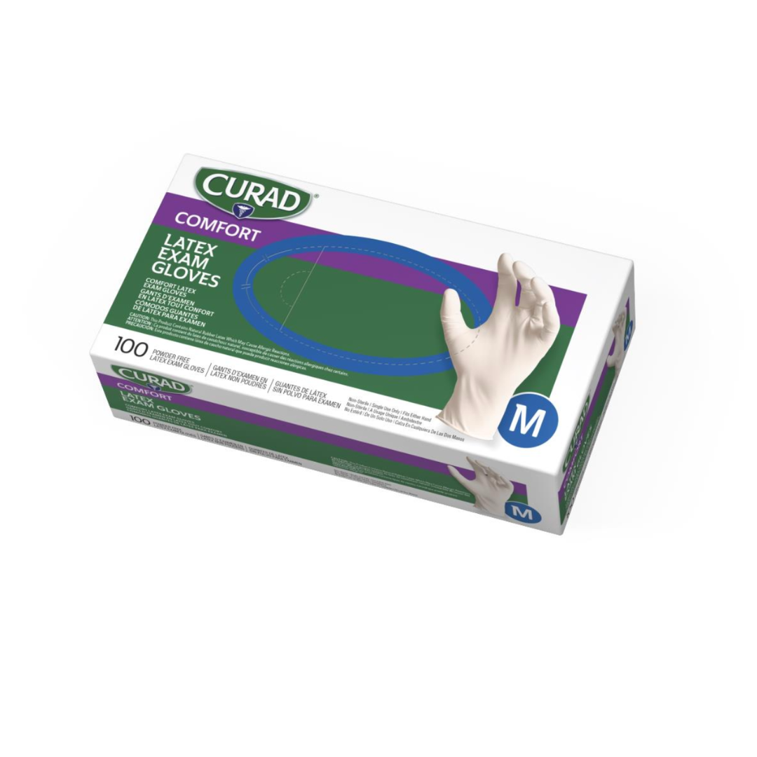 A box of Medline CURAD Powder-Free Textured Latex Exam Gloves, medium size, contains 100 latex gloves. The white box with green, blue, and purple accents features a gloved hand image for comfortable, reliable protection.